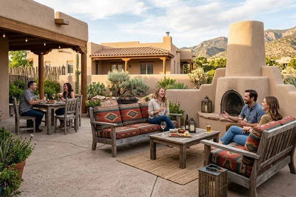 Family enjoying their Santa Fe desert home’s new concrete patio- installed by Santa Fe Concrete Contractors.