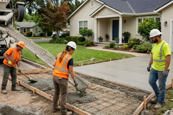 Concrete workers pouring a new driveway over a reinforced rebar base at a residential property.