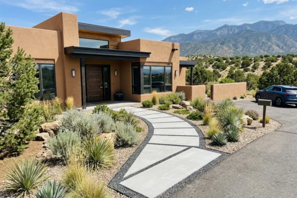 Modern concrete walkway with geometric sections and dark borders surrounded by xeriscape landscaping