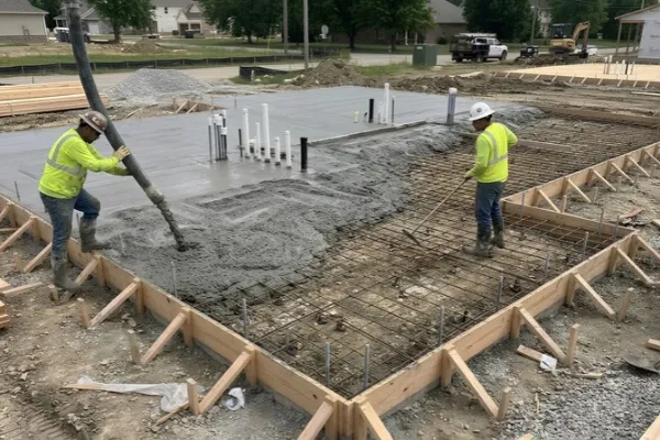 Construction workers pouring wet concrete into a framed foundation, spreading the concrete over reinforcing steel mesh during home construction.